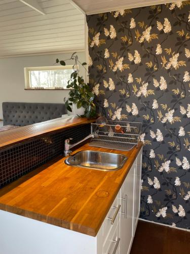 BroddetorpGökboet的厨房配有水槽和墙上的鲜花