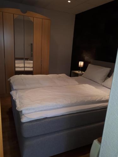 魏斯基兴Haus Rosi Einliegerwohnung的卧室内的一张大白色床,配有镜子