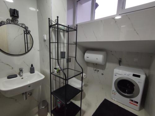 波德戈里察Blue Apartment Riverside的一间带洗衣机和水槽的浴室