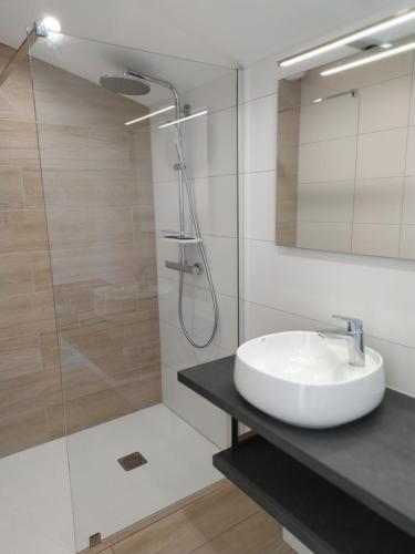沙泰勒吉永villa Bouillat d'Anty的白色的浴室设有水槽和淋浴。