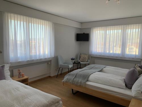 阿彭策尔Hotel B&B Stossplatz的一间卧室设有两张床、一台电视和窗户。