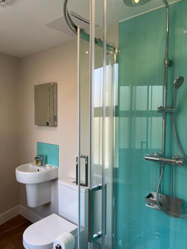 伦敦The Brookmill的浴室设有玻璃淋浴间、卫生间和水槽。