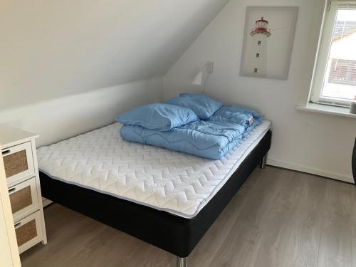 维泽桑讷Vesterhavsvej的一张床上有蓝色枕头的睡床