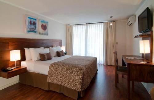 圣地亚哥公园广场公寓酒店的一间卧室配有一张床、一张书桌和一台电视