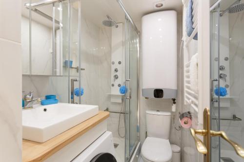巴黎佩提香榭丽舍公寓的浴室配有卫生间、盥洗盆和淋浴。