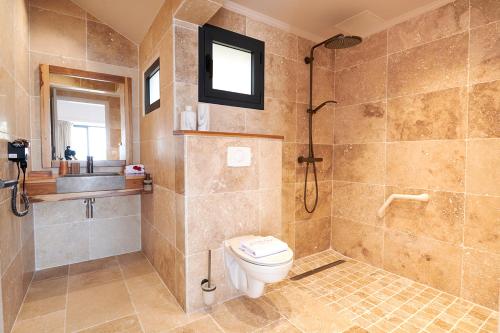 波尔兰特LES GALETS ROUGES LODGES & SPA的浴室配有卫生间、淋浴和盥洗盆。