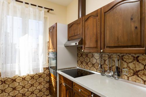 杜布罗夫尼克法尔科尼公寓别墅酒店的一个带木制橱柜和水槽的厨房