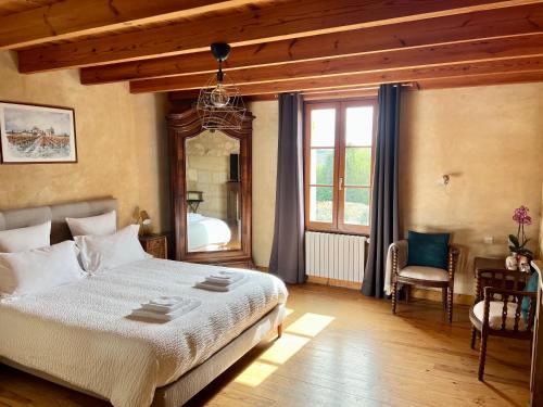 圣艾米隆拉格梅里尚布斯德霍特斯旅馆的一间卧室配有一张大床和镜子