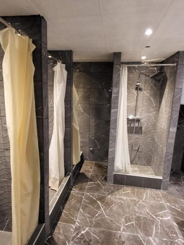 杜布罗夫尼克Hostel Hakuna Matata的带淋浴和浴帘的浴室