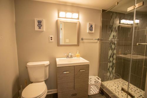 孟菲斯The Retreat at Graceland的浴室配有卫生间、盥洗盆和淋浴。