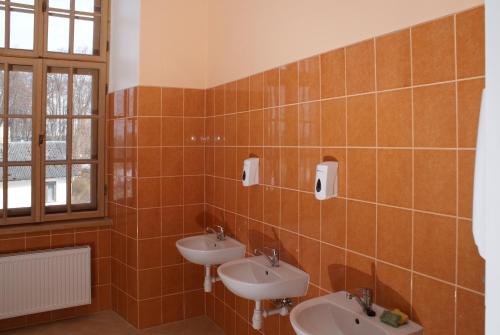 Dundaga敦达加比尔斯旅舍的瓷砖浴室设有两个盥洗盆和窗户。