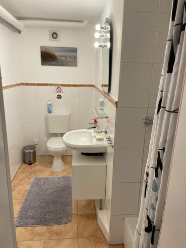 柏林Messe Apartment Berlin的白色的浴室设有水槽和卫生间。