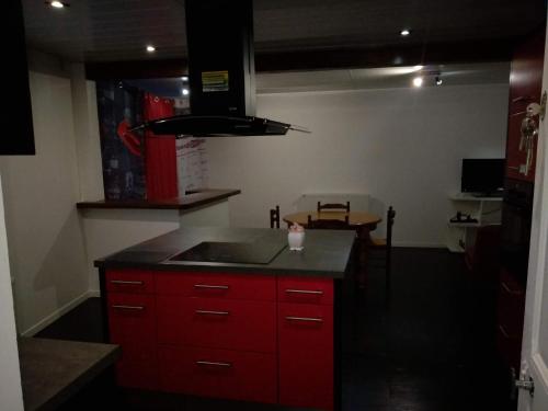 维泰勒Vittel location meublé的一间带红色橱柜和水槽的厨房