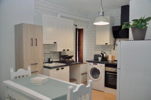 桑提亚纳德玛Apartamento Hiedra的厨房配有白色橱柜、洗衣机和烘干机