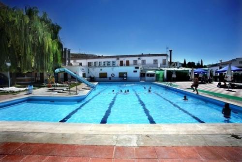 阿索维斯波新镇Hotel La Moraleda - Complejo Las Delicias的一个大型蓝色游泳池,里面有人