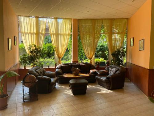 克兰内沃Pancho Family Hotel的带沙发、桌子和窗户的客厅