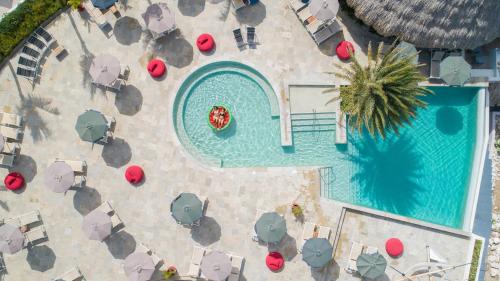 威利布罗德Coral Estate Luxury Resort的享有带椅子和遮阳伞的游泳池的上方景色