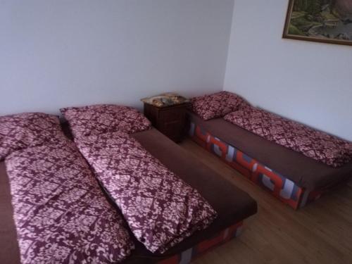 BlatnicaPenzión Larix Blatnica的配有粉红色毯子的客房内的两张床