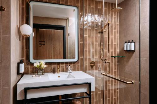 唐卡斯特Mercure Melbourne Doncaster的一间带水槽、镜子和淋浴的浴室