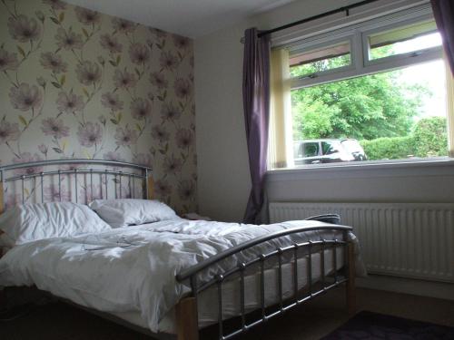 LennoxtownDingieshowe Cottage的卧室在窗户前配有一张床