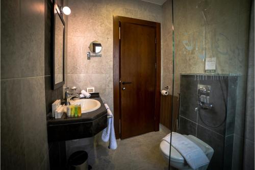 安曼Khan Khediwe Hotel的一间带水槽、淋浴和卫生间的浴室