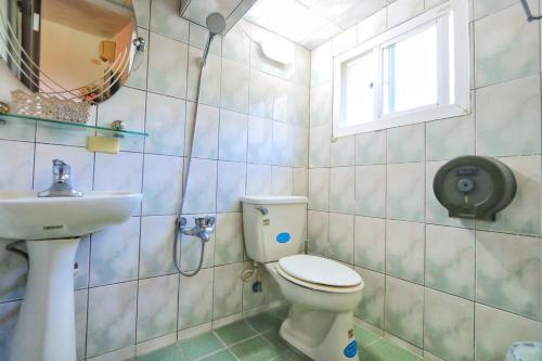 鹅銮鼻龍坑民宿的一间带卫生间、水槽和窗户的浴室