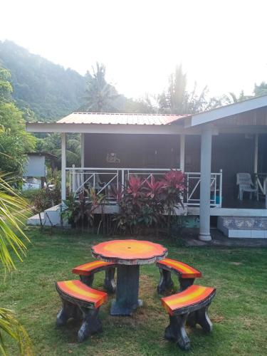 刁曼岛Juara Cottage的野餐桌和2把凳子在房子前面