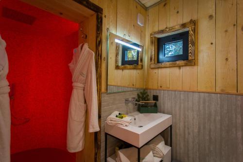Fournet-BlancherocheDomaine de l'Authentique Cabanes dans les arbres的一间带水槽和红色墙壁的浴室