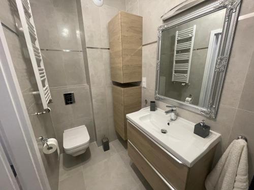 科沃布热格Apartament Luna Baltic Marina Residence的白色的浴室设有水槽和卫生间。