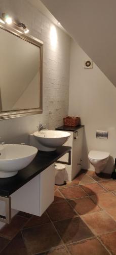 莱斯Østergård Kultur B&B的一间带两个盥洗盆和卫生间的浴室