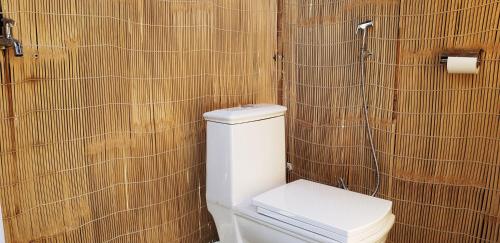 瑞诗凯诗The Raajas - Camp & Resorts的一间带卫生间和木墙的浴室