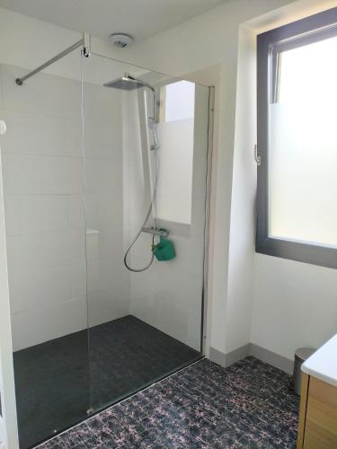 CressensacLe Cactus Orange Appartement 2 à 4 personnes avec entrée indépendante的浴室里设有玻璃门淋浴