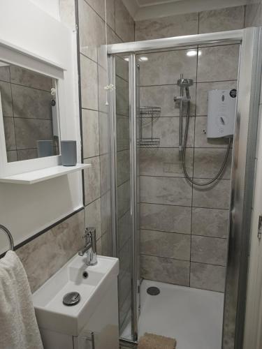 斯凯格内斯Sunny Beach top apartment 4的带淋浴、卫生间和盥洗盆的浴室