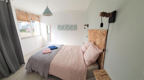 艾克斯莱班LA PIERRINA - Marmotte - Appart 3 étoiles的一间卧室配有一张带粉色床单的床和一扇窗户。