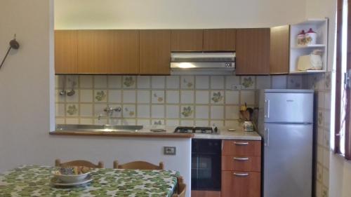 ChiessiCasa Armida Chiessi的厨房配有木制橱柜和1张带冰箱的桌子。