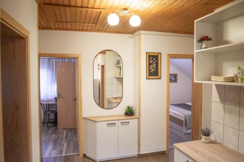 斯莫利亚纳茨鲁扎旅馆的一间小房间,配有镜子和一间卧室