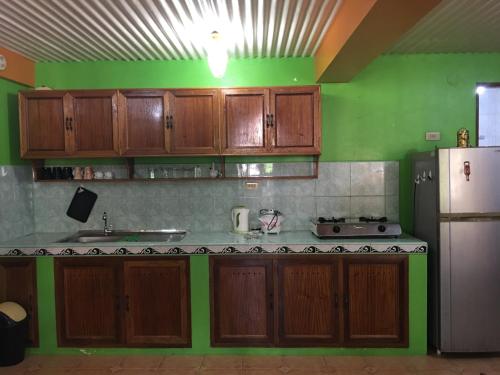 长滩岛Swahili Apartelle的厨房设有木制橱柜和绿色的墙壁