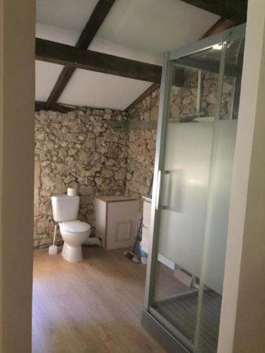 贝尔热拉克La Sabatière的一间带卫生间和石墙的浴室