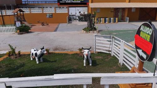 阿拉亚尔-杜卡布Arraial do Cabo – Subuai Village - Aluguel Econômico的两头假牛站在白色围栏旁边