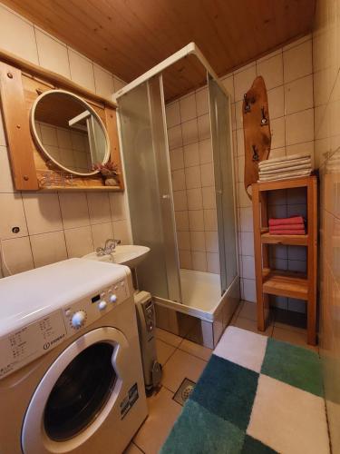 卢斯Počitniška hiška Kašta的一间带洗衣机和淋浴的浴室