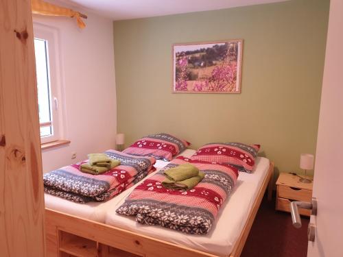 Neuer AnbauErzgebirgsidyll Breitenbrunn - Waldhaus的一间卧室配有两张单人床和红色枕头