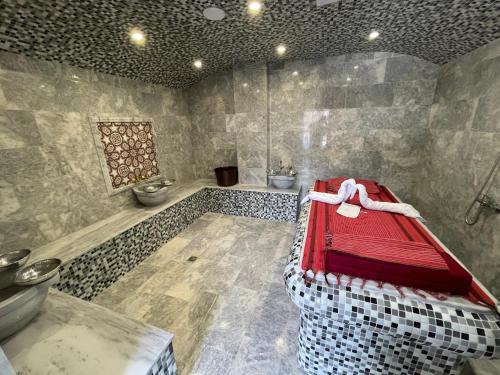 季米特洛夫格勒SPA Kompleks Raiski Kat的带浴缸的浴室和红色的床
