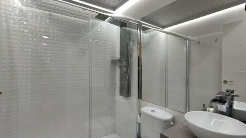 鲁伊德拉Suite Ruidera Beach的带淋浴、卫生间和盥洗盆的浴室