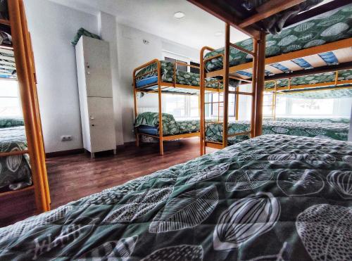 乌迪亚莱斯堡Albergue de Santullán的一间卧室配有三张双层床。