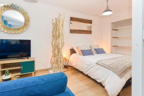 阿勒瓦尔Bien-être et bonheur au pied des Thermes的一间卧室配有床、电视和蓝色的沙发