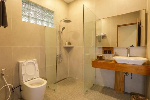 日惹boutique villa jogja senang的浴室配有卫生间、盥洗盆和淋浴。