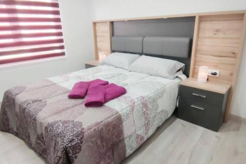 奥维多- LUJO - Parking, Maquina Arcade, Wifi y Netflix的一间卧室配有一张带紫色毛巾的床