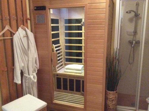 斯拉德明伊夫林公寓的带淋浴、卫生间和镜子的浴室