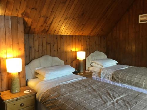 CannichWestward Bed and Breakfast的木墙客房的两张床