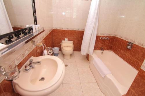 阿雷基帕阿雷基帕旅馆的一间带水槽、浴缸和卫生间的浴室